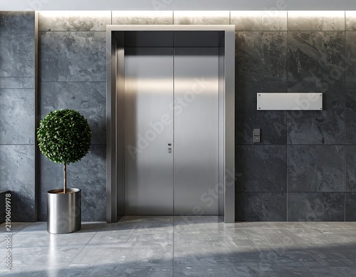 Modern minimalist elevator lobby with sleek brushed stainless steel doors and dark marble tile walls, ideal for luxury commercial architecture and corporate interior design projects.