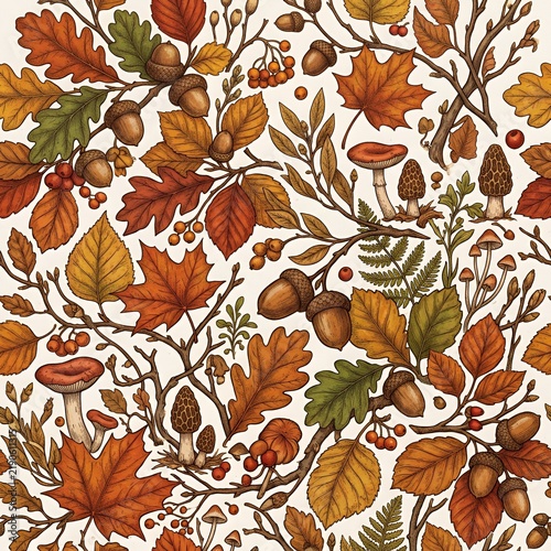 Seamless square pattern of autumn leaves, acorns, mushrooms and branches, warm seasonal colors, detailed botanical illustration