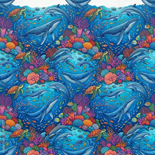 Seamless square pattern featuring whales, dolphins, sea turtles, coral reefs and fish, vibrant marine illustration