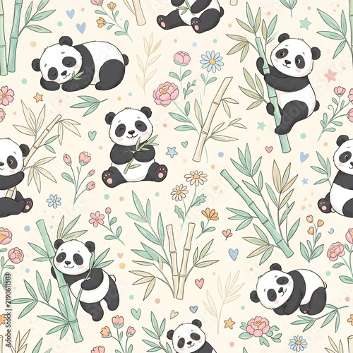 Seamless square pattern with cute pandas, bamboo leaves and flowers, adorable children's design, soft pastel colors