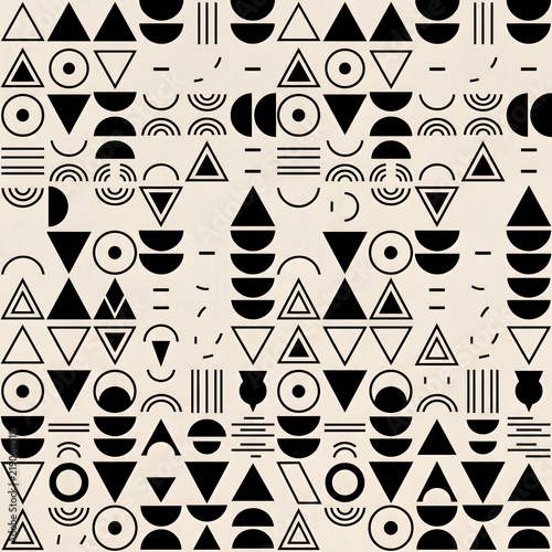 Seamless square pattern with Scandinavian geometric shapes, neutral beige and black palette, minimalist modern design