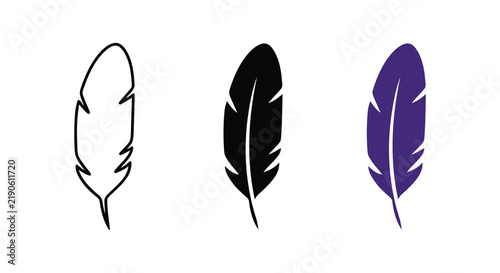 Three feather silhouettes in black and purple against a white background plumage