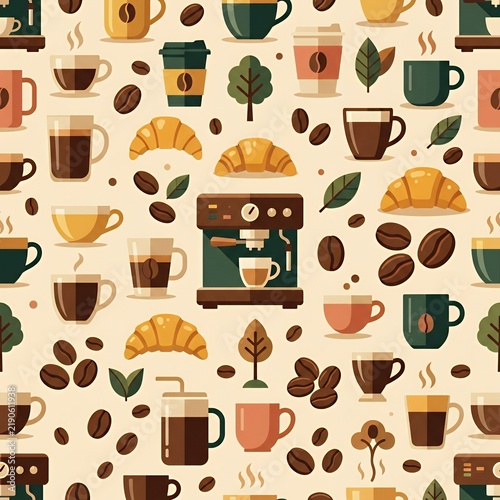 Seamless square pattern with coffee cups, beans, espresso machines and croissants, cozy cafe theme, modern flat design