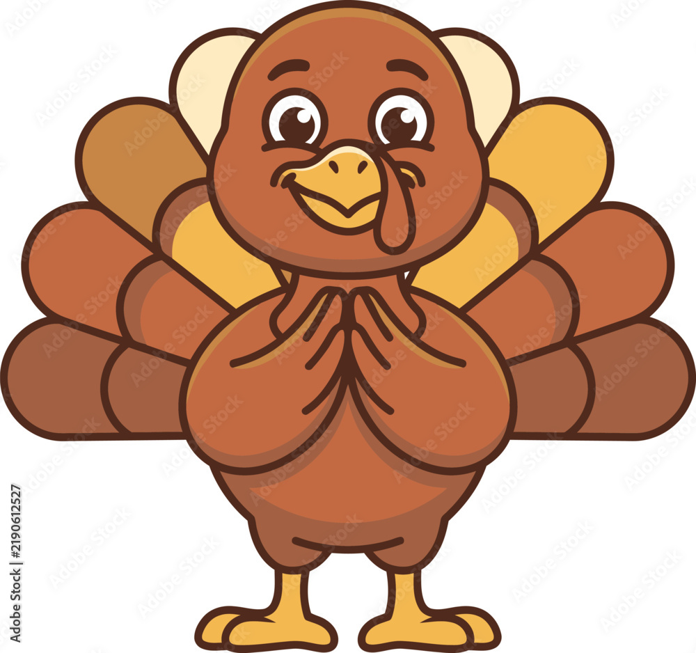 Obraz premium A cute cartoon turkey character standing with hands together in a polite gesture isolated on a white background for thanksgiving holiday design projects