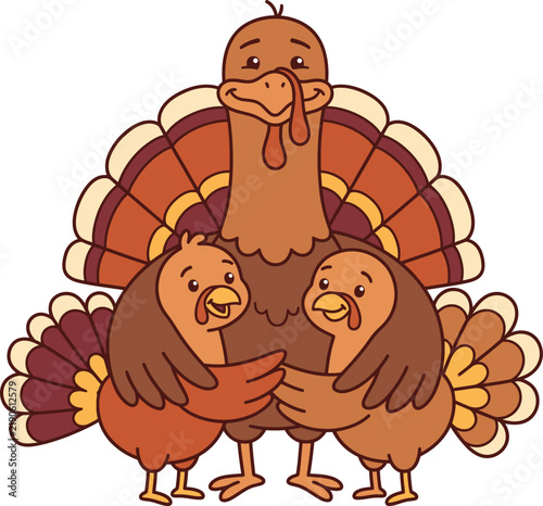 A cute cartoon illustration of a friendly adult turkey standing together with two small baby poults isolated on a plain white background for design