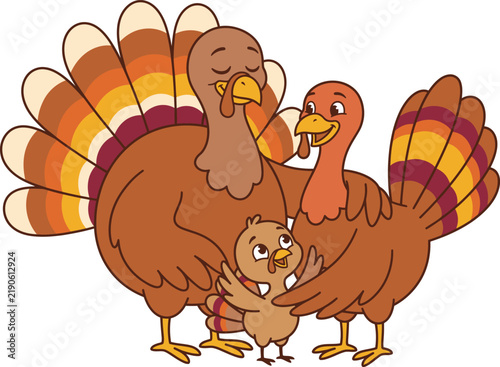 A cute cartoon illustration of a turkey family including a father mother and a small chick standing together isolated on a white background