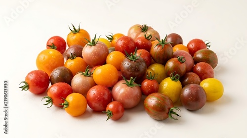 A vibrant assortment of fresh baby heirloom tomato varieties piled together on a clean white surface for food background
