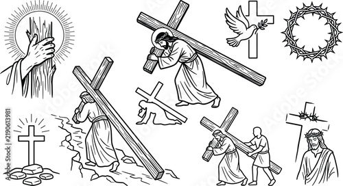 Принти на полотні Christian Stations of the Cross Line Art Set with Jesus Carrying the Cross, Simo