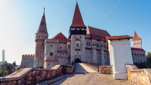 Entrance bridge and fortified towers of Corvin Castle in Hunedoara Transylvania Romania