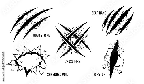 Bear Tiger Claw Scratches Torn Paper Hole Black Vector Effect Set