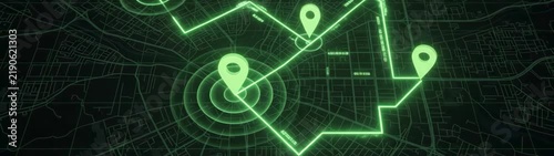 Geolocation and navigation technology concept digital map interface with glowing green location pin and tracking path motion overlay for logistics and urban transport analysis.