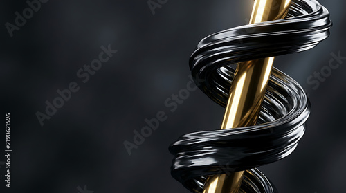 Abstract gold cylinder entwined with a sleek black ribbon on dark background— Luxury Black and Gold Abstract Business Background, Premium 3D Design