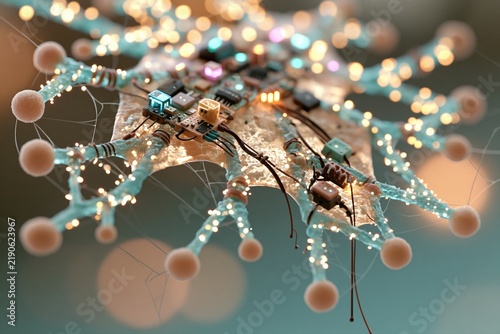 Tiny nanodevice microchip with glowing neural connections close up