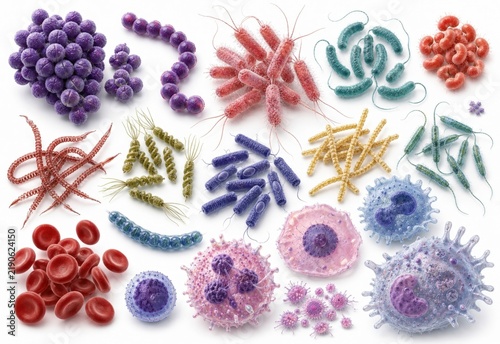 Colorful microscopic bacteria cells and viruses collection on white
