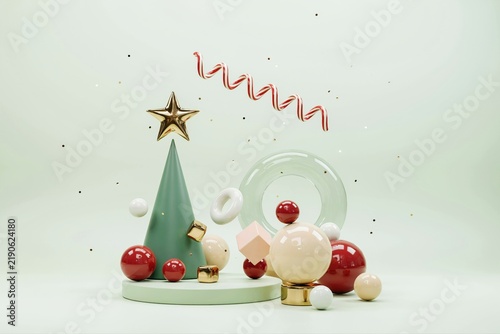 Modern geometric New Year Christmas tree decor with red baubles