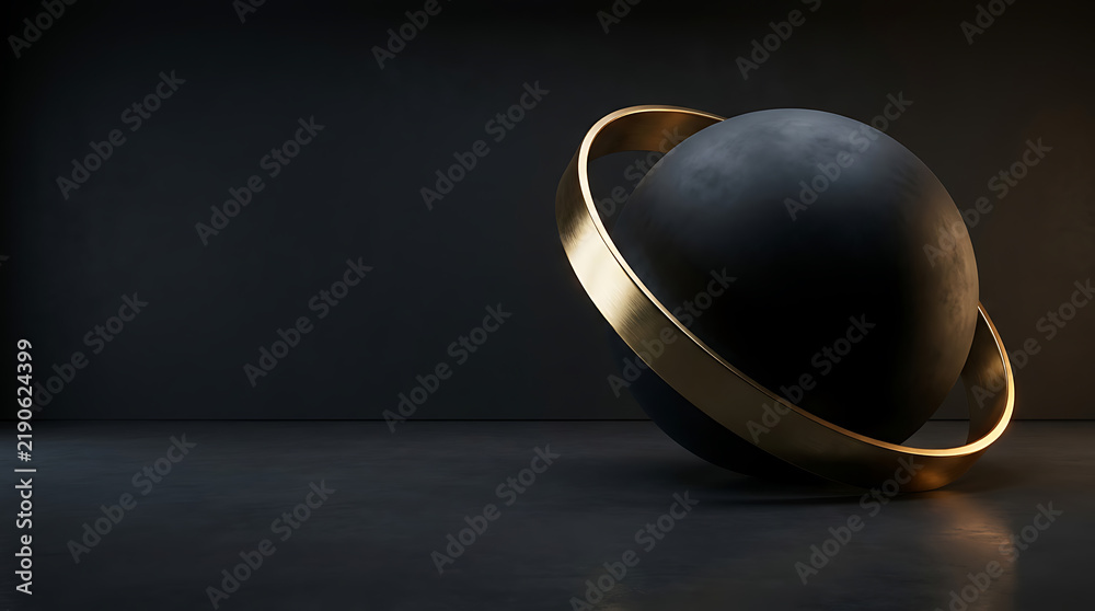 Fototapeta premium Sophisticated black and gold sphere background with planetary ring structure in dark studio— Luxury Black and Gold Abstract Business Background, Premium 3D Design