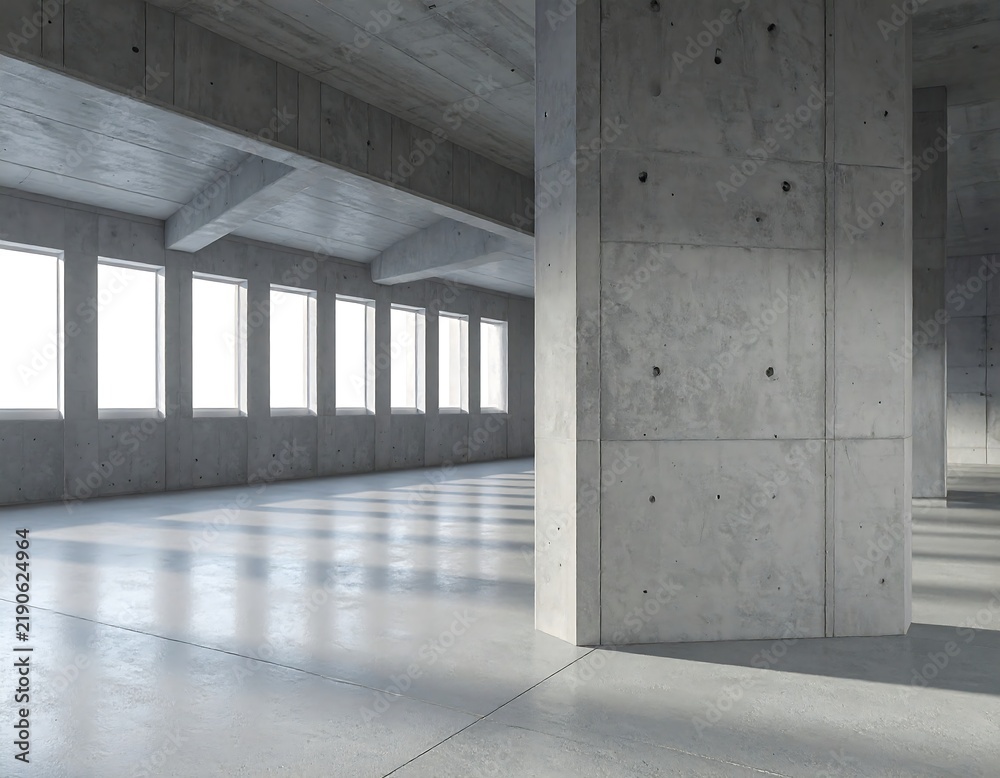 Obraz premium Contemporary concrete gallery interior with large structural pillars and minimalist windows, ideal for modern architectural design and commercial backgrounds.