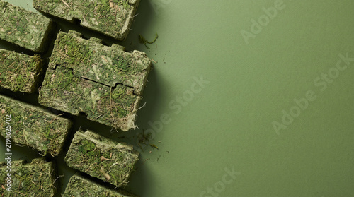 Compressed Moss and Plant Fiber Eco Bricks on Olive Green Background