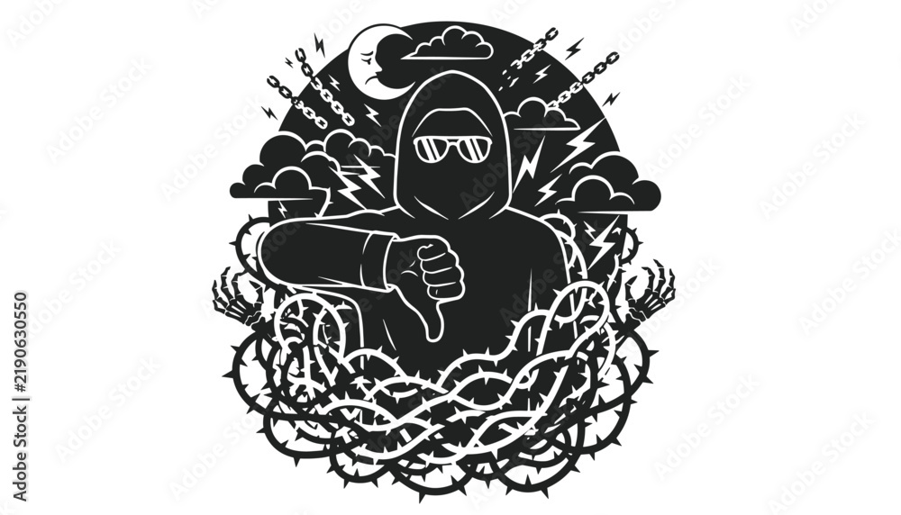Fototapeta premium Dark underworld character in black hood and sunglasses showing thumbs down surrounded by tangled thorny branches, moon, and dark clouds.