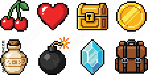 Retro 8-Bit Pixel Art Game Inventory Icon Set with Flat Vector Symbols for Red Cherry, Heart Life, Golden Treasure Chest, Coin, Potion, Bomb, Crystal, and Backpack