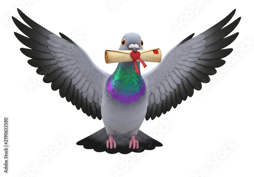 A cartoon pigeon wearing a party hat and holding a party blower isolated on transparent background