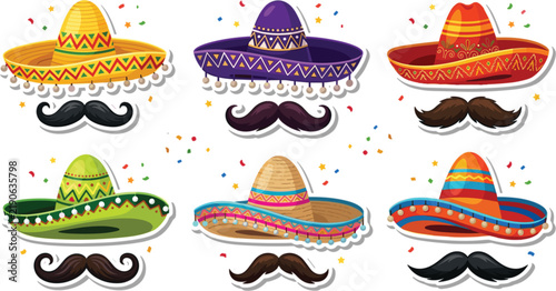 Mexican Sombrero and Mustache Sticker Set with Flat Cartoon Icons of Colorful Straw Hats, Decorative Tassels, and Facial Hair for Cinco de Mayo Graphic Designs