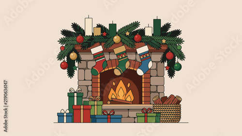 Decorative stone fireplace vector illustration featuring christmas stockings and wrapped gifts for the holiday festive season