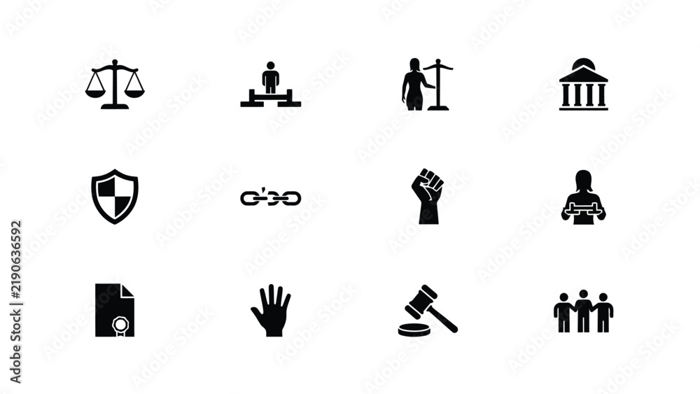 Fototapeta premium Collection of icons representing justice equality and civic participation in a formal setting with Set black white icons