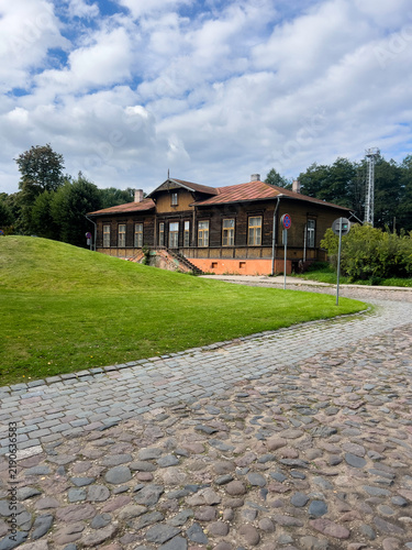 An old wooden railway station building. Riga, Tornakalns.
