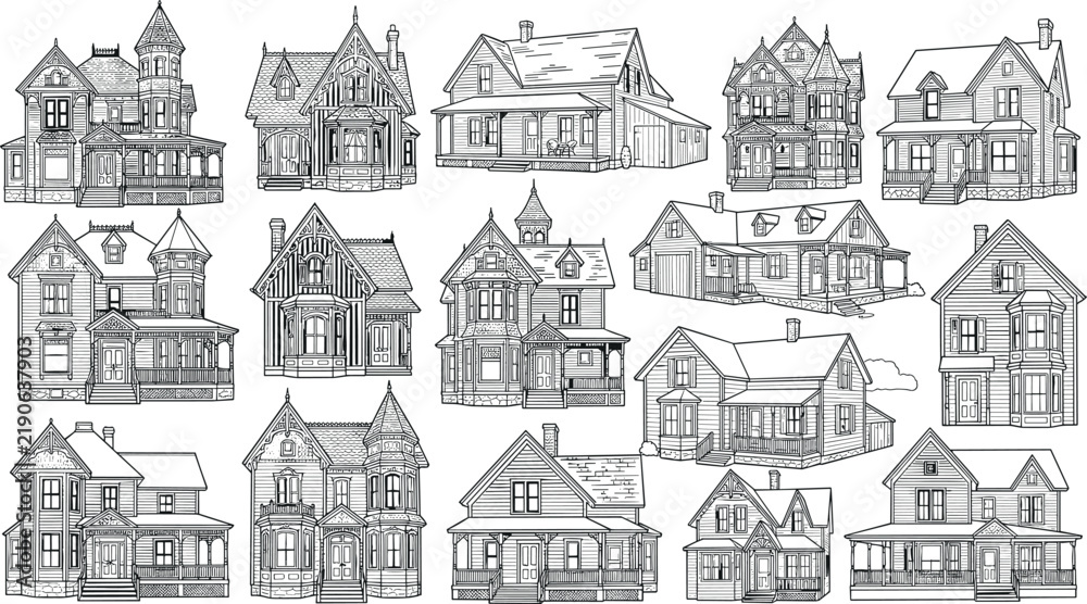 Fototapeta premium Vintage Victorian House and Historic Mansion Line Art Set with Traditional Architecture Suburban Cottages and Residential Estate Vector Illustrations