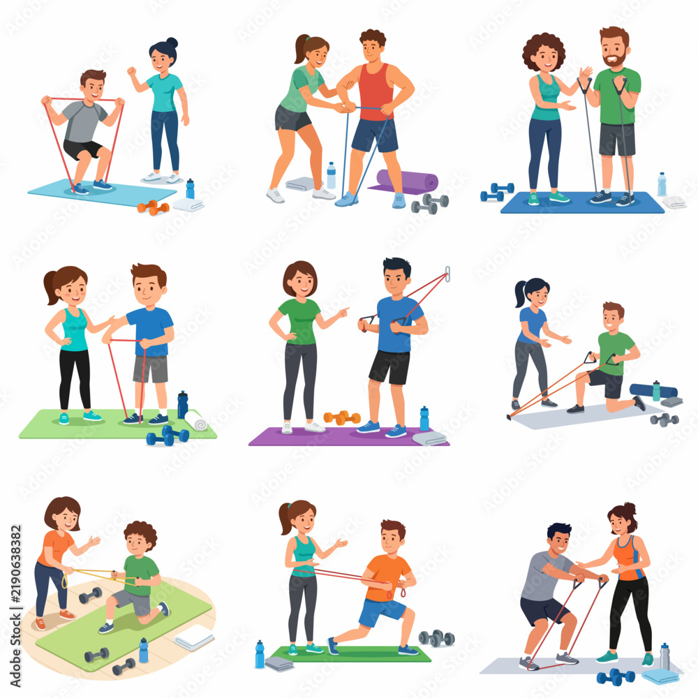 Fototapeta premium Set of vector illustrations featuring personal trainers coaching clients during various fitness exercises including squats, lunges, and resistance band training in a gym setting.