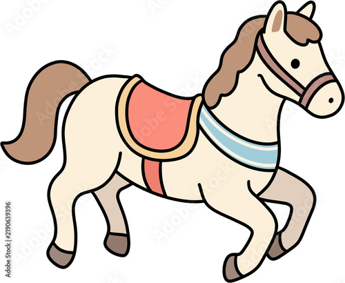 Obraz na plátně Cute white horse with saddle vector illustration, trotting pony icon
