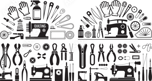 Collection of Various Sewing and Crafting Tools Including Sewing Machines Pliers Scissors Needles Thread Buttons and More for Creative Textile Projects