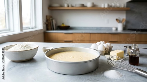 Baking cake batter in a round metal pan on a kitchen counter with ingredients and wire whisk nearby