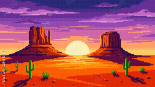 Pixel Art Desert Landscape at Sunset with Cacti, Retro Pixel Desert Sunset Landscape with Mesas and Cactus