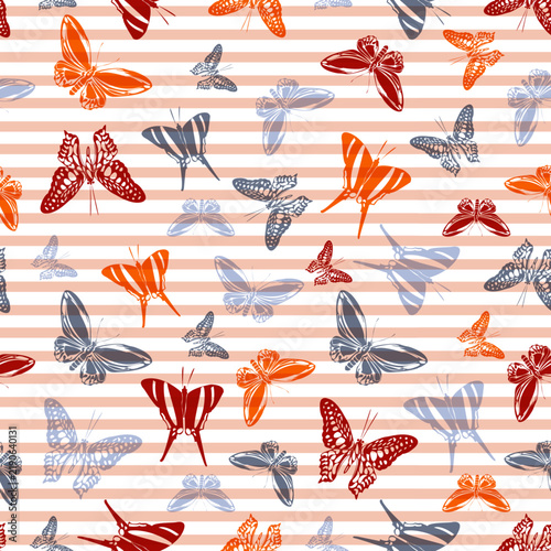 Flying simple butterfly silhouettes over striped background vector seamless p...