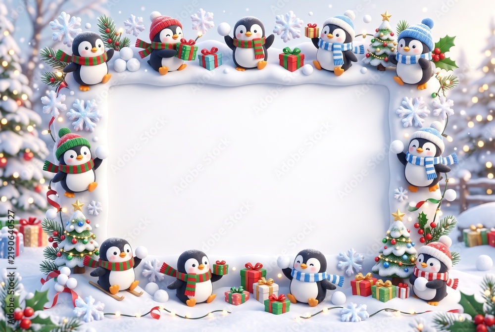 Fototapeta premium Penguins wearing winter attire hold colorful gifts in a festive setting. The background is white with a simple design. This scene captures the joy of the Christmas season