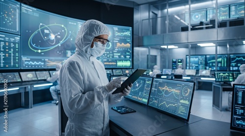 Female engineer in a protective cleanroom suit reviewing orbital telemetry data on a tablet inside a high tech satellite control center, representing aerospace engineering and space research