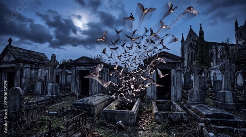 Halloween background featuring bats flying from an open tomb