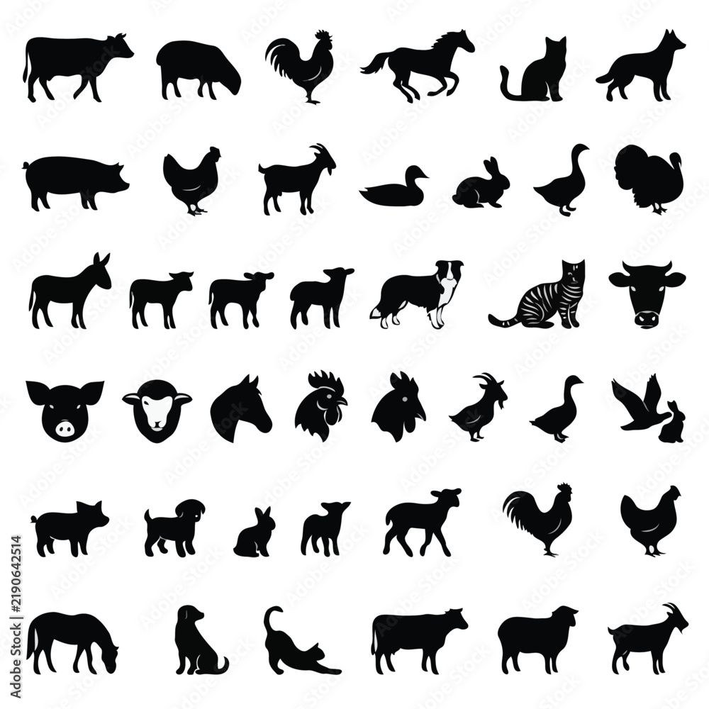 Fototapeta premium Black Silhouettes Collection of Farm Animals and Domestic Pets Icons