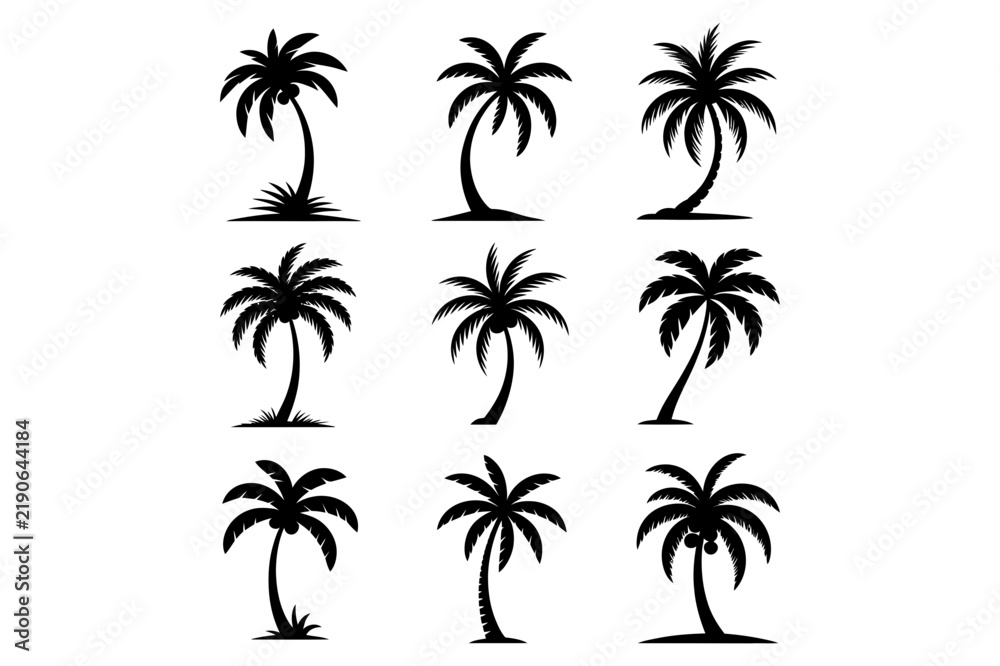 Naklejka premium Collection of nine detailed palm tree silhouettes in various styles with tree silhouette tropical plant palm icon palm leaf