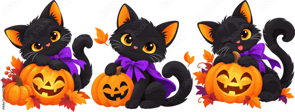 Obraz premium Cute black Halloween cats with purple bows and smiling pumpkins autumn leaves isolated on transparent background