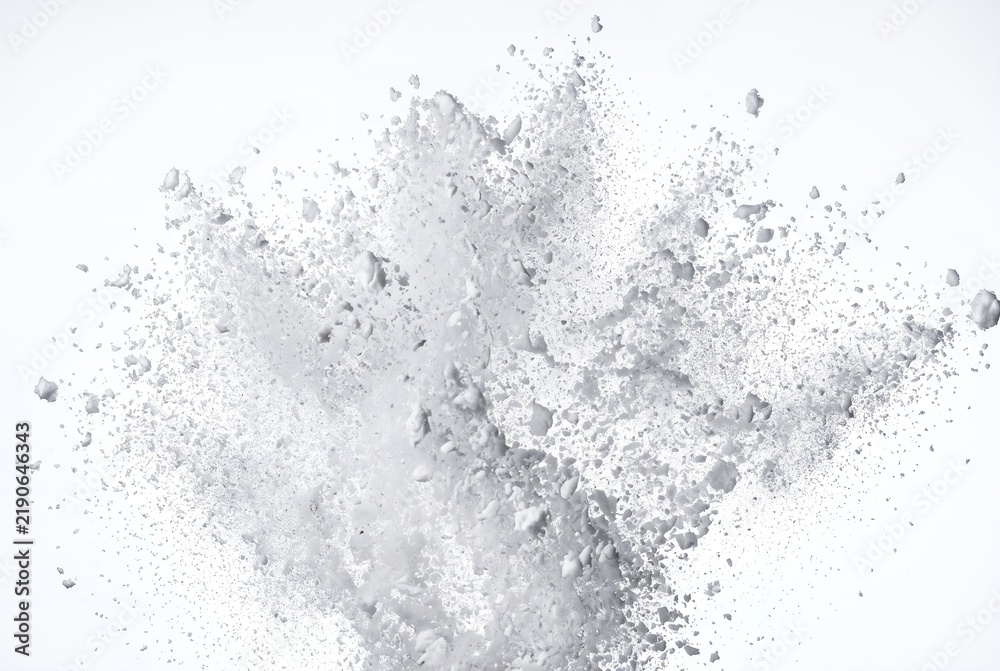 Fototapeta premium A burst of white particles creating a festive Christmas feel. The scene shows a collection of various shapes exploding in a white space. This draws attention to the holiday spirit