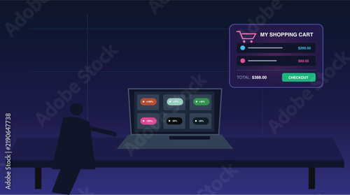 Digital laptop interface displaying online shopping cart for global consumer commerce