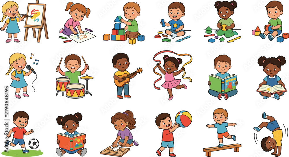 Fototapeta premium Cute multiracial children preschool hobby and classroom activities vector icon bundle with kids painting playing music reading and sports