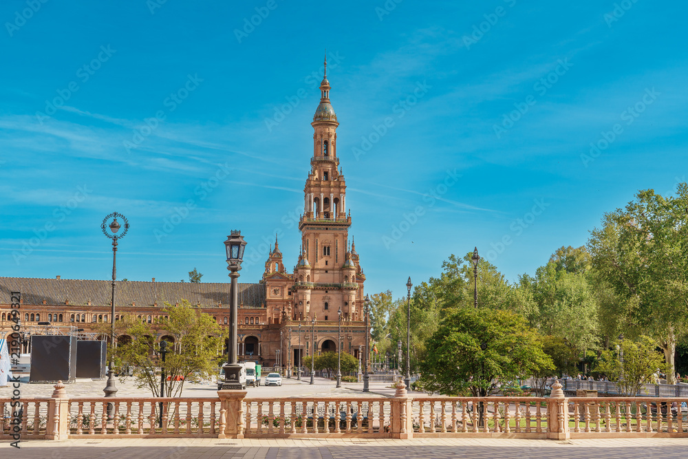 Fototapeta premium The ornate tower of Plaza de Espana in Seville