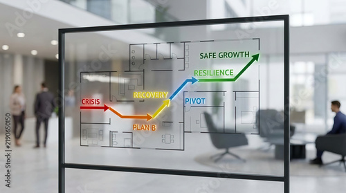 Business growth strategy resilience recovery pivot plan crisis safe growth roadmap displayed on glass in modern office, supporting confident corporate planning and strategic progress