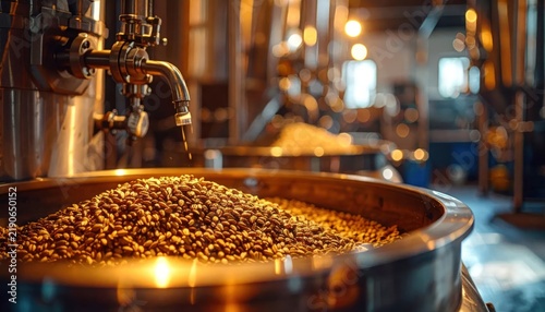Golden roasted coffee beans in industrial metal roasting vat.