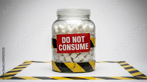 Container filled with sugar cube on hazard marked surface, sealed jar with warning label and monochrome studio background conveying restricted consumption and safety concern