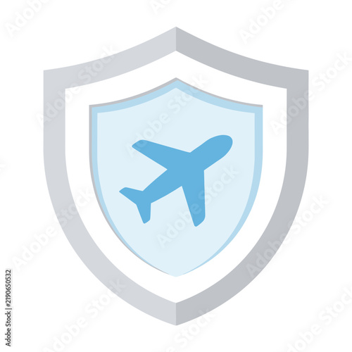 Blue airplane icon inside shield symbol representing air travel insurance protection